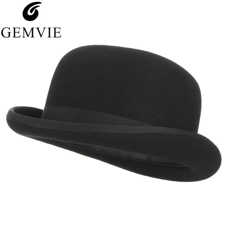  GEMVIE 4 Sizes 100% Wool Felt Black Derby Bowler Hat For Men Women Satin Lined Fashion Party Formal