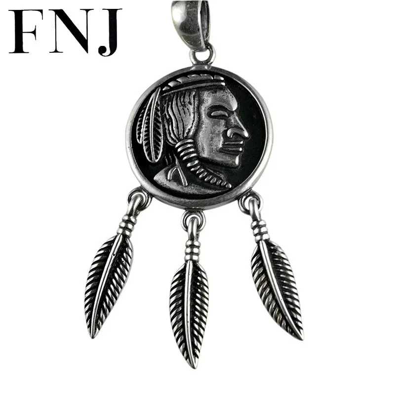 

FNJ 925 Silver Indian Pendant Round Flat Feather Punk Pure Original S925 Thai Silver Men Pendants Women for Jewelry Making