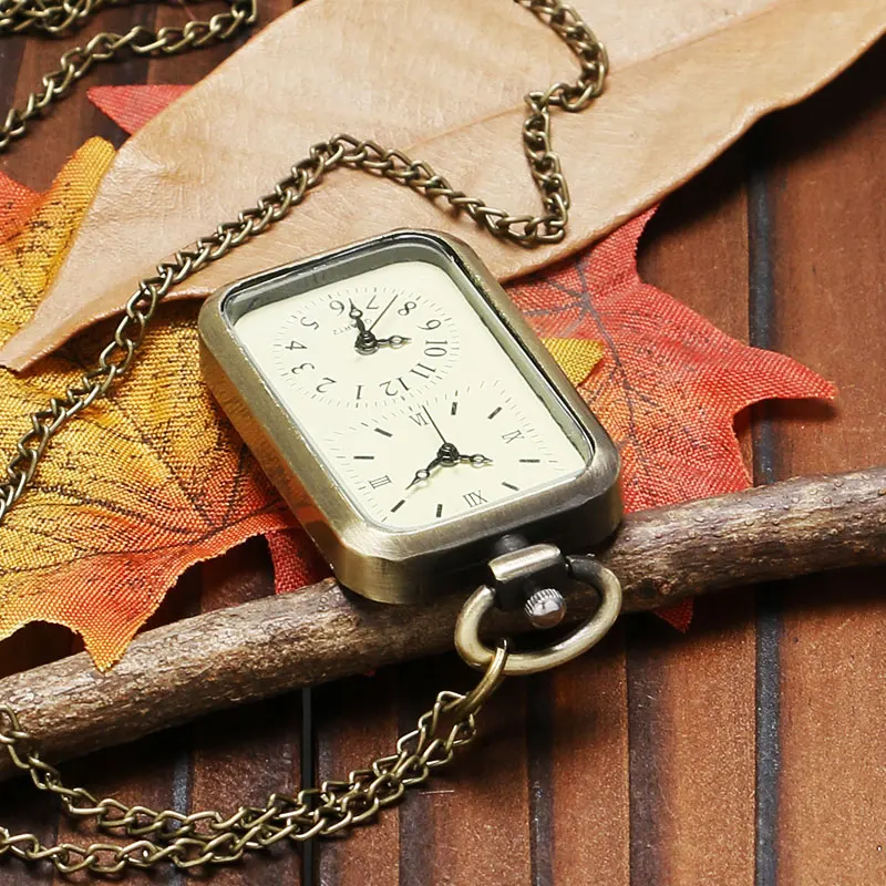 Antique Vintage Bronze Quartz Pocket Watch Dual Double Time Zone Movement Necklace Men Women P11 