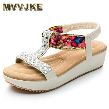 

MVVJKE 2018 Handcrafted Ttibal Pattern Plaid Crytals Stripes Female Wedge Heel Sandals ft. Lightly Padded Imi-Lambskin Foot-Bed