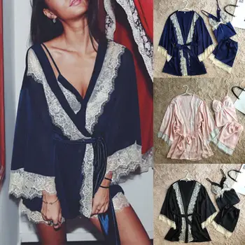 

Fashion Women Ladies Satin Silk Lace 3pcs Pajama Sets Solid Sleeveless Lace Top and Shorts and Long Sleeve Robe Night wear
