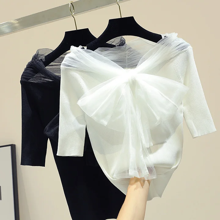 

New Summer Thin Knit T-shirt Woman Sweet Mesh Gauze Bow Stitching Knitted Shirt Pure Color Lady Elegant Short Sleeve Basic Tops