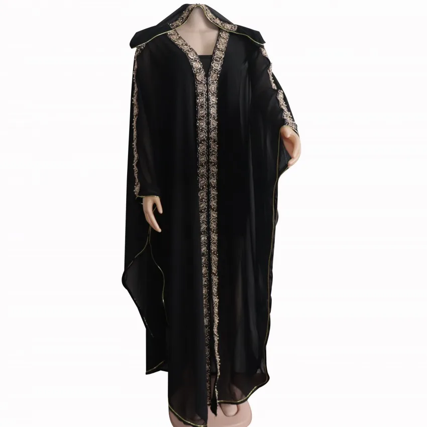

Length 150cm African Dresses For Women Hot Sale Hooded Summer Chiffon Abayah Plus Size Split Black Dress With Elastic Inner Wear