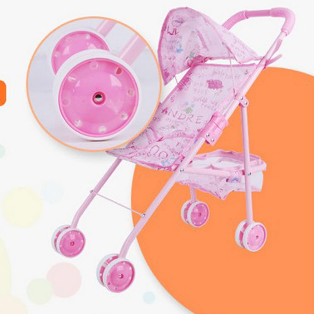 Foldable Iron Frame Pink Stroller Pushchair Playset for 9-12inch Reborn Doll for Mellchan Baby Dolls Accessories - 51x25x54cm