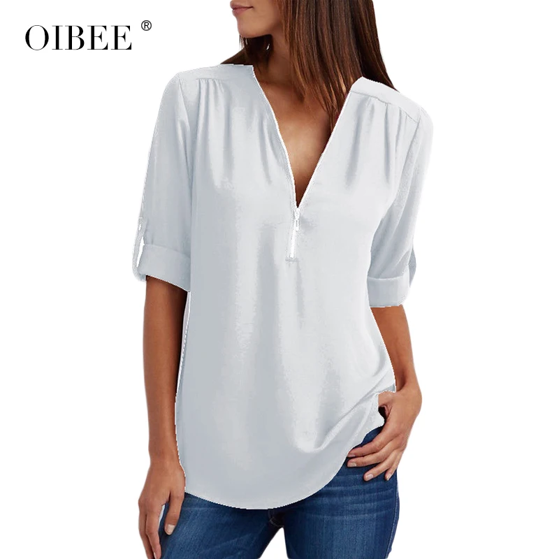 

Oibee Women Chiffon Plus Size 5XL Shirt 2018 White Office Half Sleeve Big Size Blouses Formal Elegant Ladies Large Size Blusas