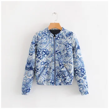 

Women‘s’ Cotton Coat Short Blue And White Porcelain Printed Cotton jackets Winter Long Sleeve Stand Collar Warm jacket Overcoat