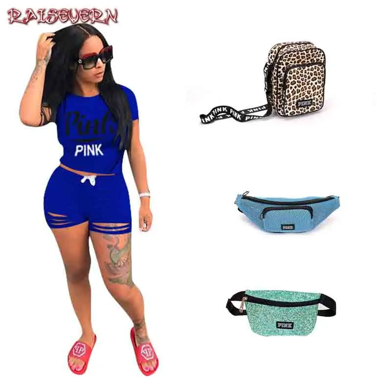 

RAISEVERN Summer Two Piece Outfits For Women Tracksuit Ripped 2 Piece Set Hot Letter Print T Shirt Top And Shorts Female Suit