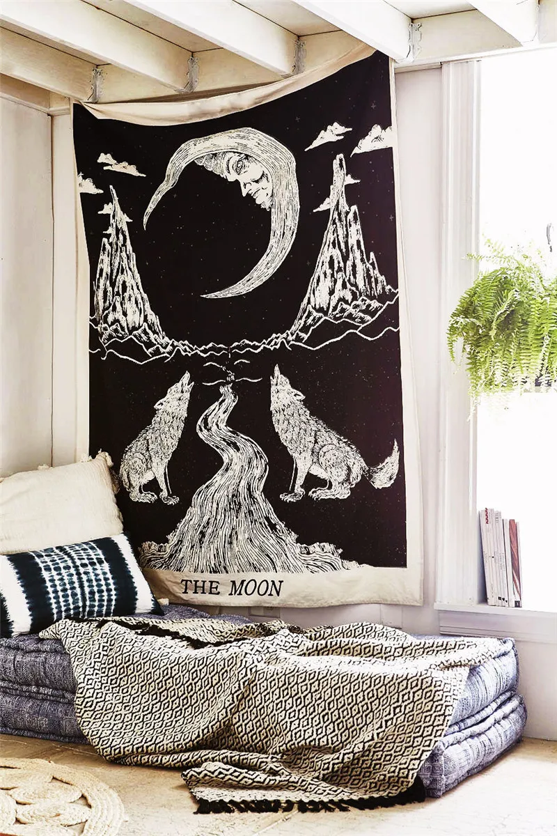 Crying Wolf Yellow Throw The Moon Poster Tapestry Wall hanging Decorative Cotton 