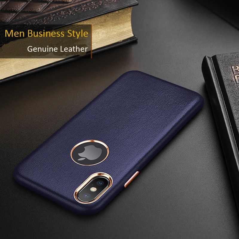 

Luxury Leather case For Iphone x xr xsmax Men Vintage Business Shockproof Real Leather back cover For iphone 6 7 8plus case logo
