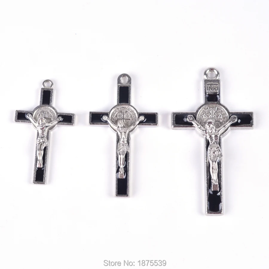 

Three different size crucifix cross black st benedict charm pendant cross in necklace rosary