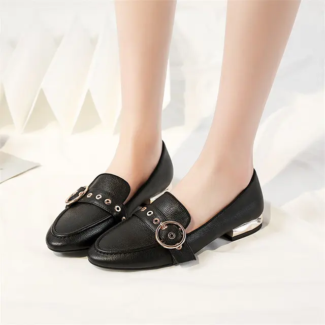 British Women Buckle Loafers Genuine Leather Round Toe Flats Casual