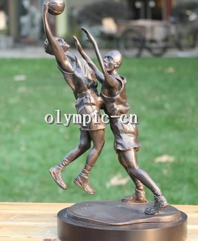 

11'' Bronze Art sculpture two man play basketball statue marble base