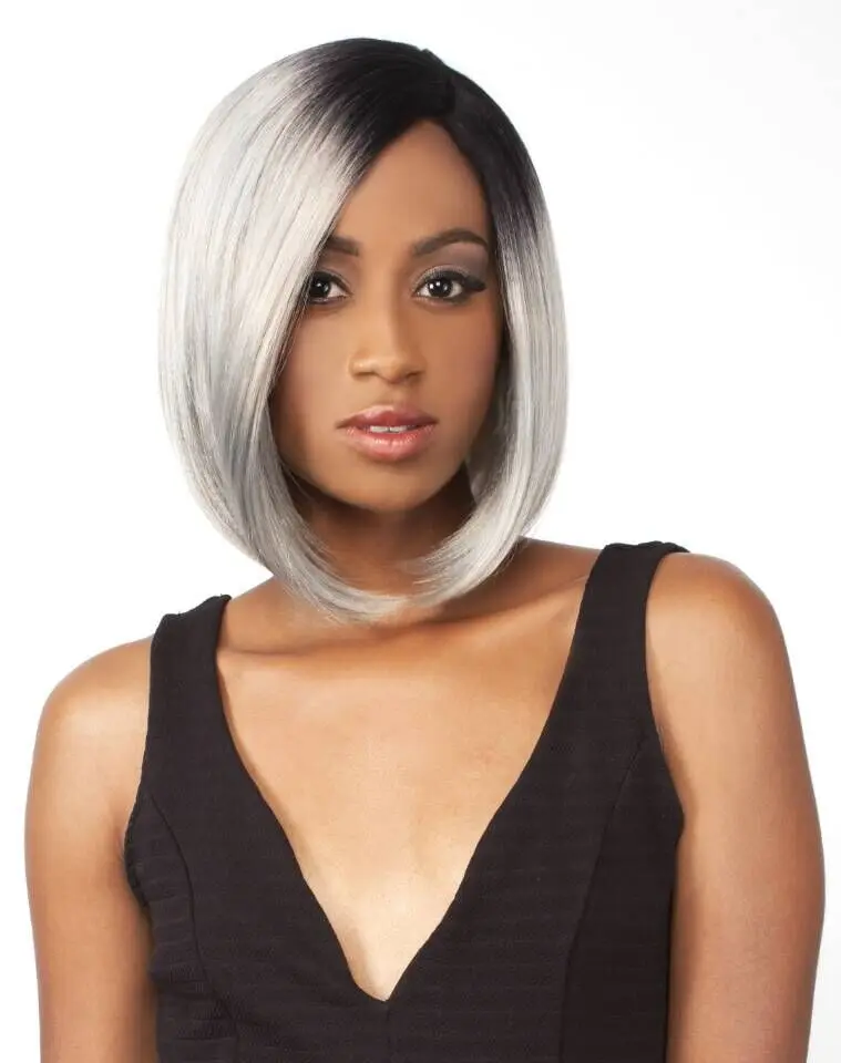 Synthetic Dark Root Ombre Black/Silver Gray Lace Front Wig Short Grey