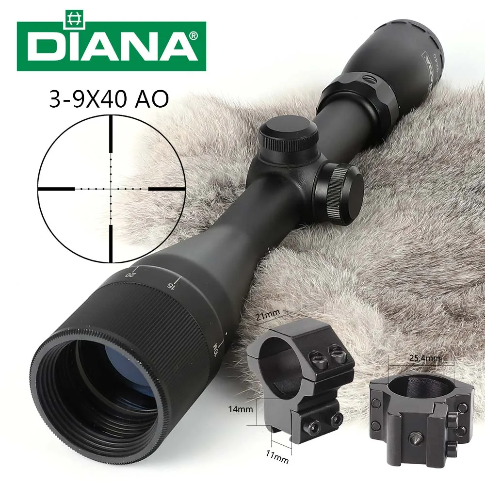 Тактический Диана 3-9X40 AO Riflescope одна трубка Mil точка сетка оптический прицел охотничий прицел - Цвет: Scope and 11mm Rings