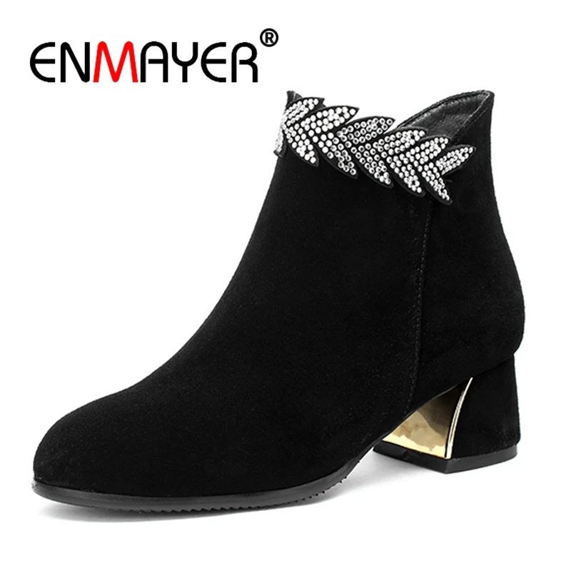 

ENMAYER Women Ankle Boots Big Size 32-43 Causal High Heels Thick Heels Fashion Boots Round Toe Flock Rhinestone Shoes Zip CR1291