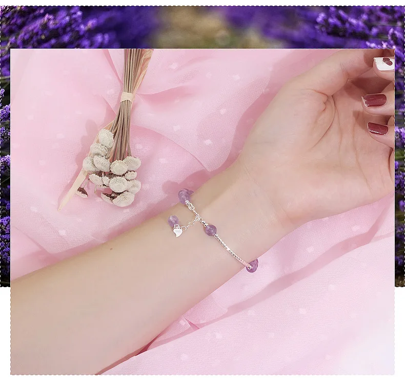 Ручной работы 925 Серебряный браслет для женщин ювелирные изделия Винтаж Аметист натуральный камень Bbeads браслет для счастливой дружбы подарок