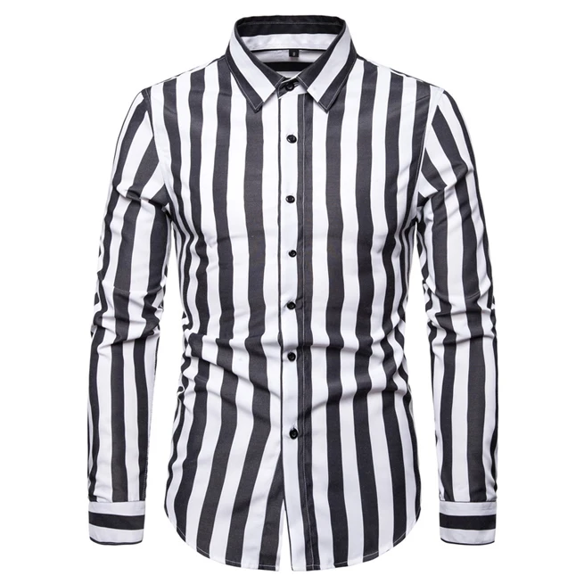 Стильная мужская рубашка в черно-белую полоску, фирменный дизайн, приталенная Мужская рубашка с длинным рукавом, деловые повседневные рубашки - Цвет: Black Striped