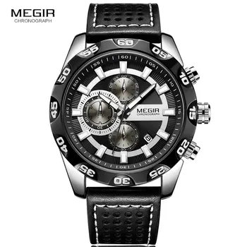 

Megir Leather Strap Sports Watches Men Chronograph Quartz Waterproof 3 Bar Military Wrist Watch Man Relogios Clock ML2096 Black