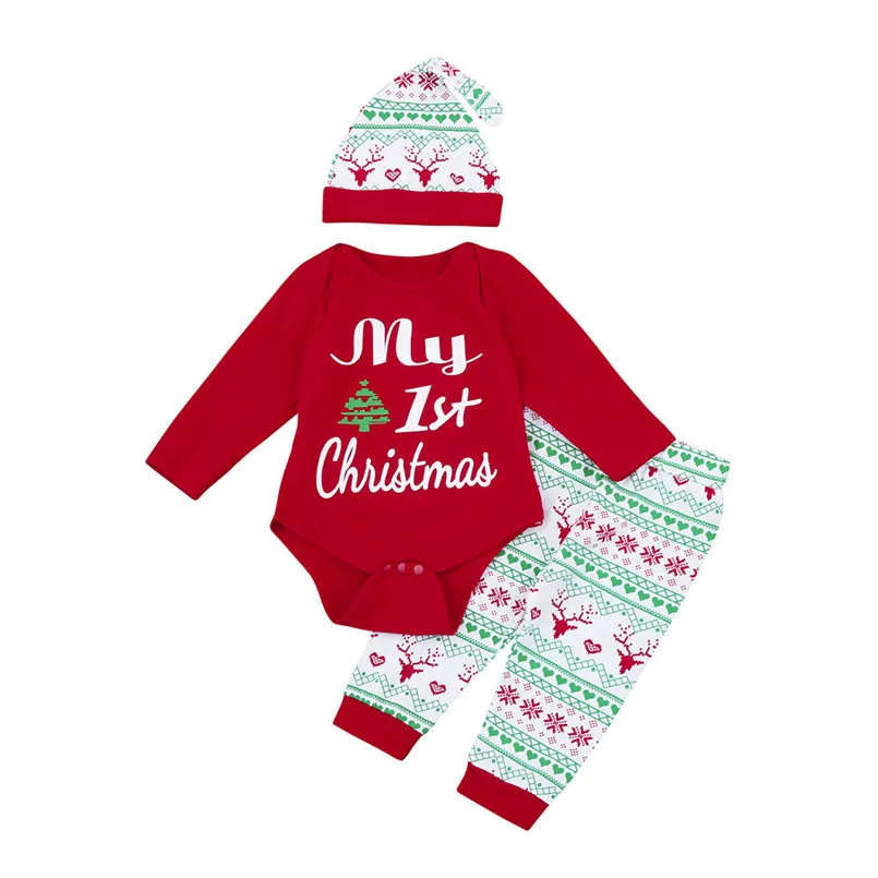 

New Baby Romper 3Pcs Infant Baby Boy Girl Romper+Pants+Hat Christmas Outfits Set Clothes romper do beb menina #20O16