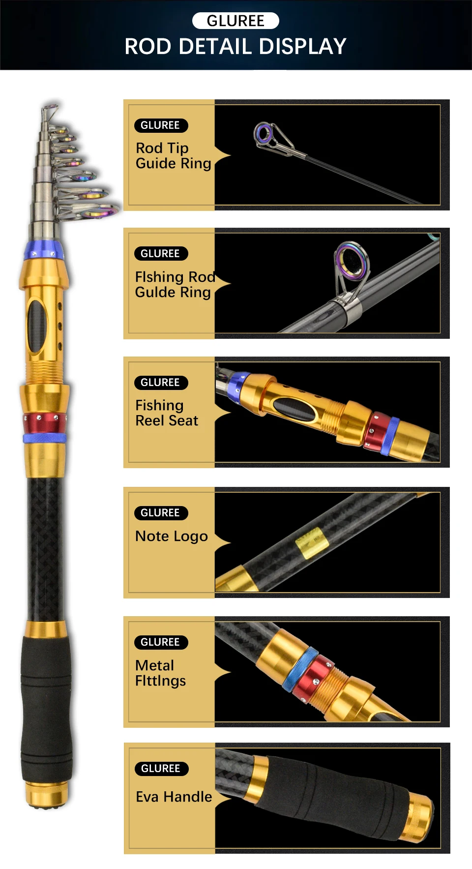 LUREE Carbon Spinning Fishing Rod Telescopic Rock Fishing Rod Carp Feeder Lure Tackle Super Hard 1.8m 2.1M 2.4M 2.7M 3.0M 3 (17)