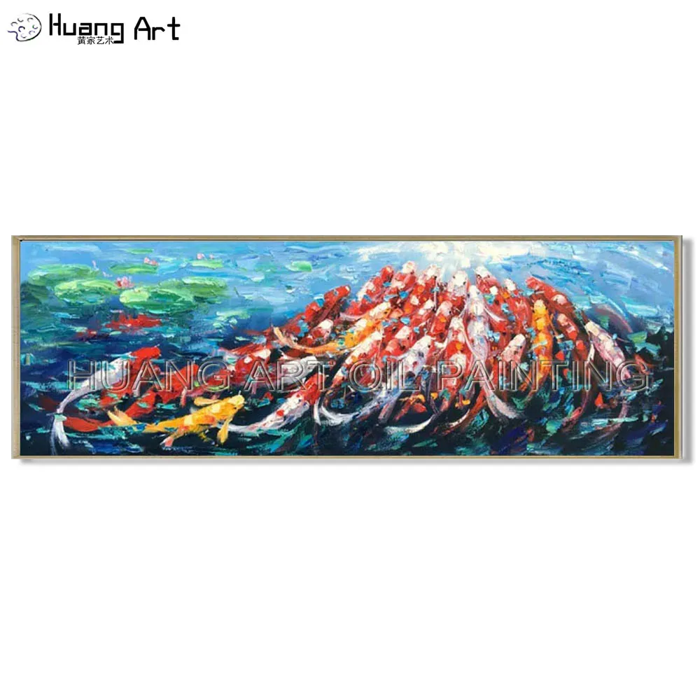 

High Quality Knife Animals Fish in Lotus Pond Painting Hand-painted Modern Hundred Fish Oil Painting for Living Room Decor Art