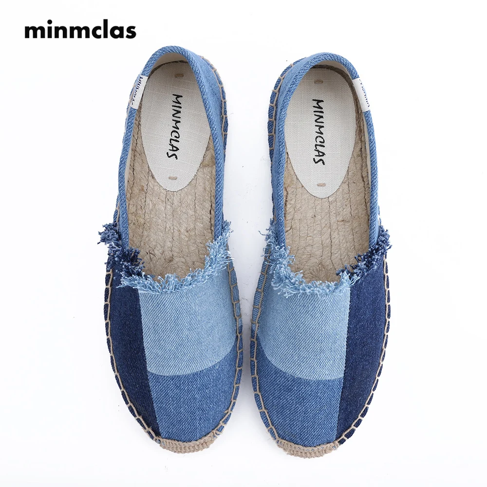 

Minmclas New Fashion Denim Patchwork Comfortable Blue Stripe Womens Casual Espadrilles Shoes Breathable Flax Hemp Canvas Cowboy