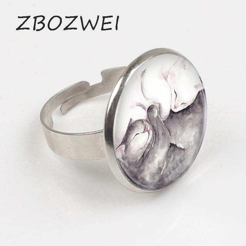 

ZBOZWEI 2018 1pcslot Vintage Yin Yang Lovers Kitty Cats Ring Kolye Cabochon Black Statement Ring For Woman