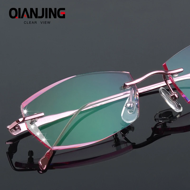 Luxury Eyeglasses Rimless Women Myopia Prescription Eye Glasses Diopter Rhinestone High Clear