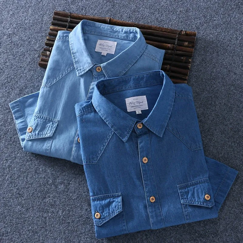 Мужские синие джинсовые рубашки новые летние тонкие джинсовые рубашки с коротким рукавом хорошее качество хлопок два передних кармана ковбойские рубашки