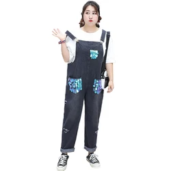 Fashion Large size Denim Bib pants Women Spring Summer Sequins Hole Strap Jeans Black Slacks Female Adjustable strap Jumpsuits