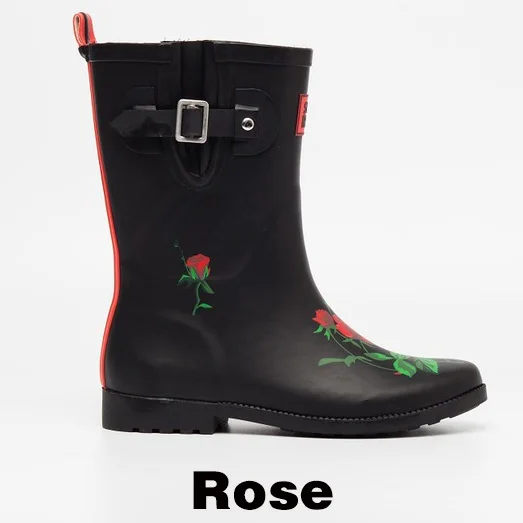 DRIPDROP Резиновые сапоги для женщин Женские резиновые ботинки до середины икры Фламинго Розы - Цвет: Roses Black
