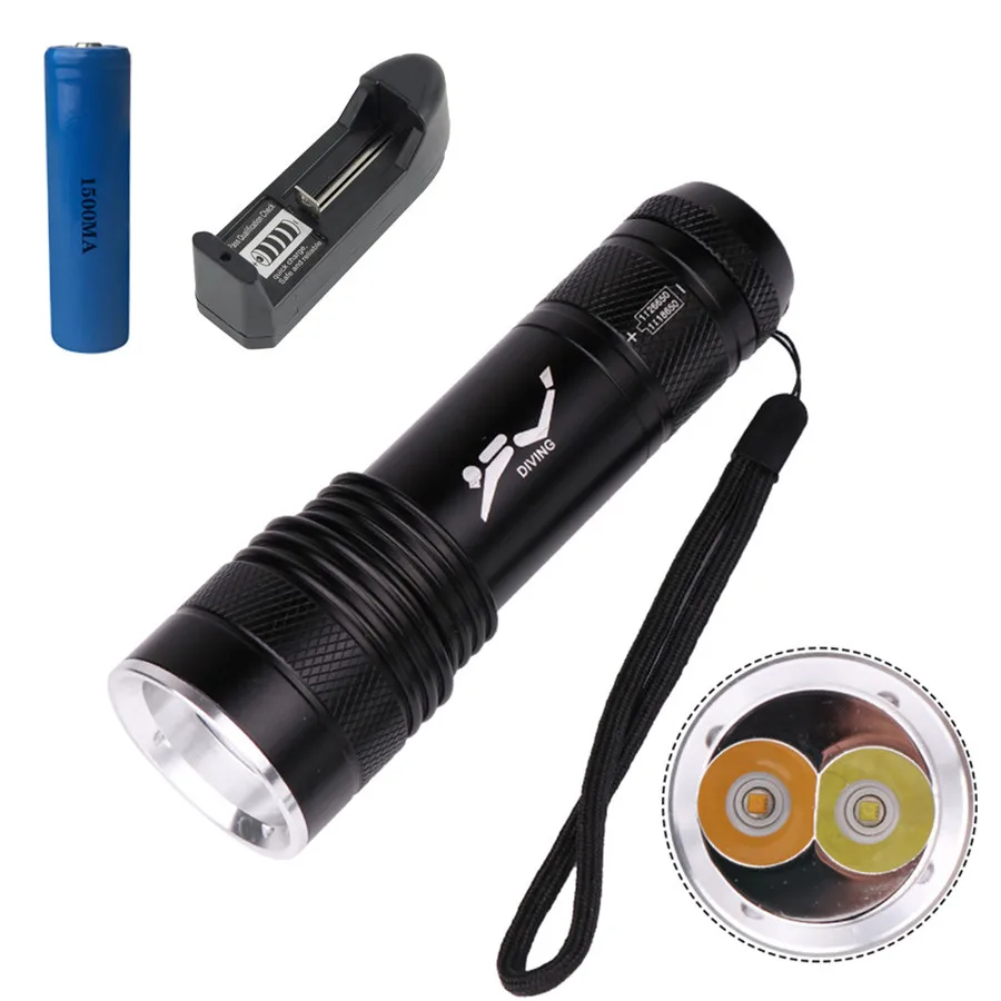 2019 T6 dual light source LED flashlight diving riding flashlight waterproof usb rechargeable 18650 battery for bicycle 40J20 (8)