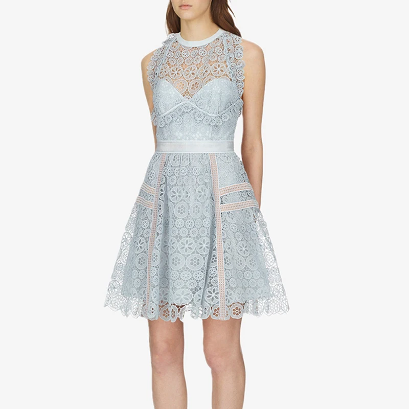 

Fashion Newest Stylish 2019 Runway Designer Dress Women's Sexy Off the Shoulder Halter Blue Full Lace Hollow Out Mini Dress