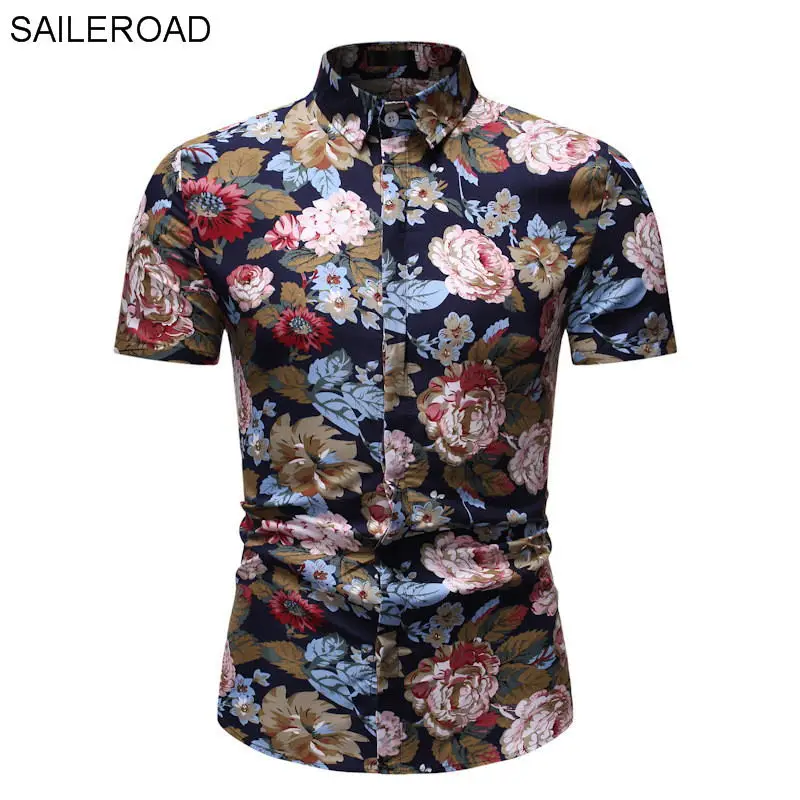 SAILEROAD Camisa Flores Hombre Мужская рубашка рубашки Гавайская Мужская рубашка с цветочным принтом облегающие топы с принтом Camisa Preta - Цвет: HZ24