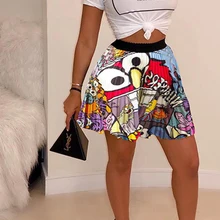 Плиссированная мини-юбка с принтом из мультфильма юбки большого размера выше колена Мини Harajuku с высокой талией уличная праздничная одежда