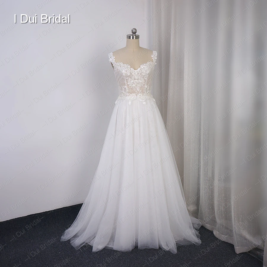 

Tulle Lace Wedding Dress A Line Sweetheart Neckline with Strapes Lace Up Back Beach Bridal Gown