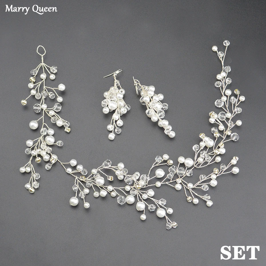 

2019 Luxury Popular Wedding Hair Band Bride Head Jewelry Pearl Earrings Set Fashion Handmade Crystal Hair Accessories Hair Band