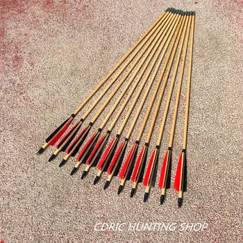 

12PK Wooden Arrows Black Red Turkey Feather Target Practice Arrows For Longbow