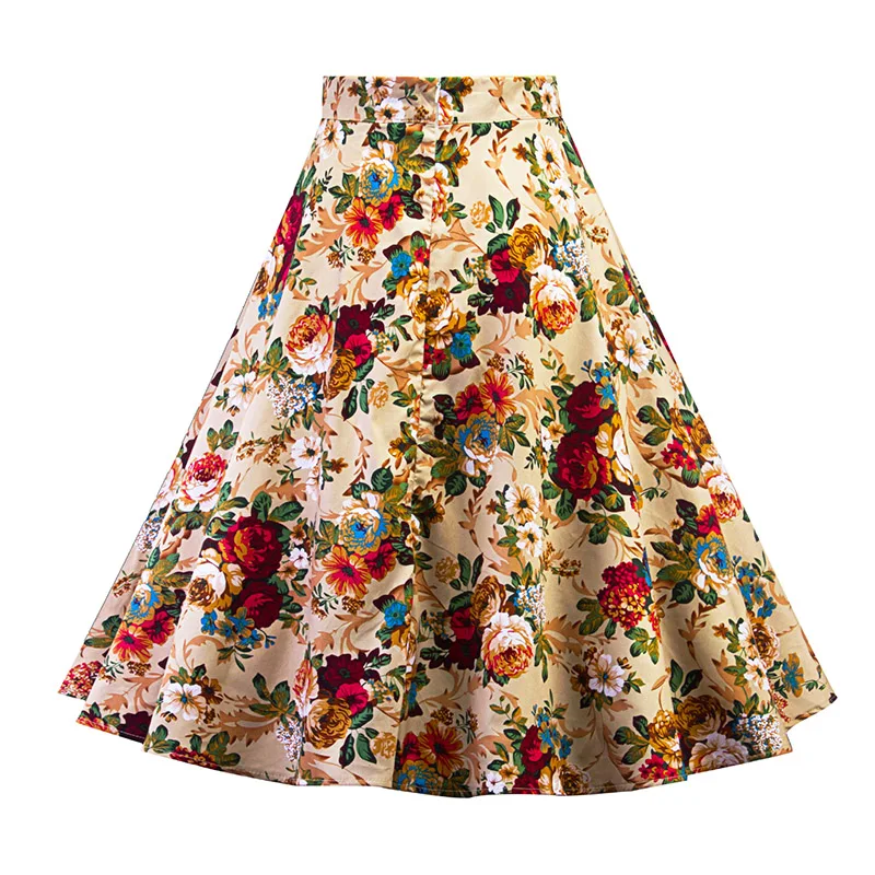 Kostlich 2017 New Summer Skirts Womens Print Floral High Waist 1950s 60s Vintage Midi Skirt Casual A-Line Big Swing Women Skirt (11)