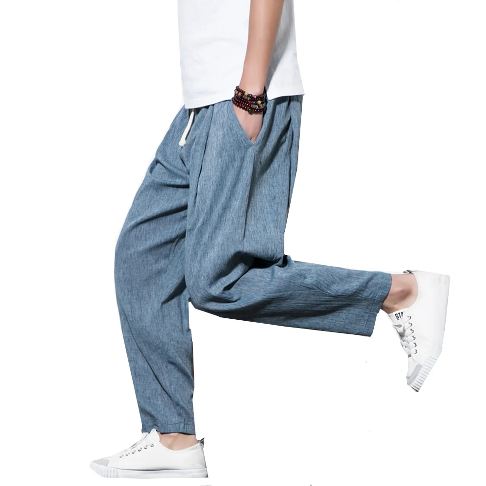 Men Linen Cotton Trousers Japanese Chinese Loose Harem Pants Elastic Waist Baggy