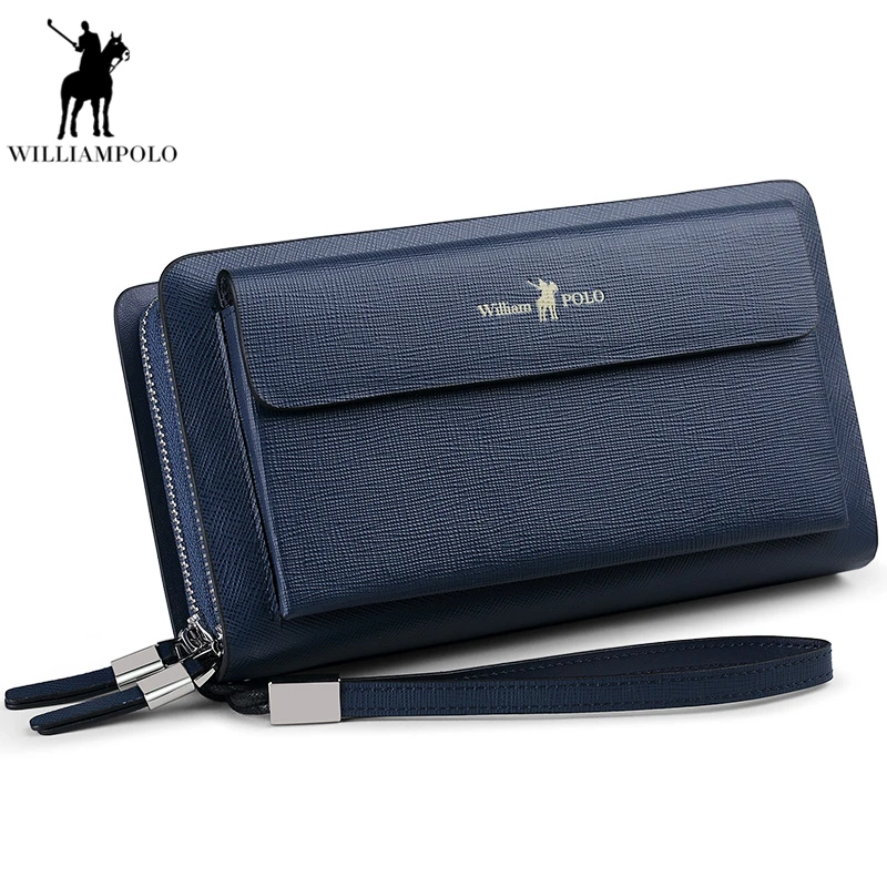 

WILLIAMPOLO 2018 Men Clutch Bag Genuine Leather Strap Flap Clutches with Holder Multi card space Wallets carteira masculinaPL312