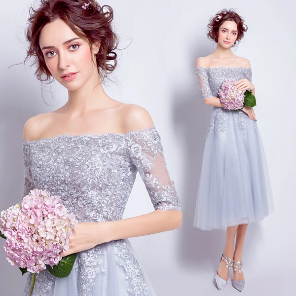 

New Popin Boat Neck Knee-length Gray Bridesmaid Dress/Homecoming Dress 562
