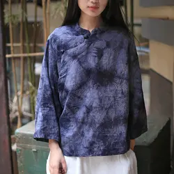 Johnature 2018 новые весенние Для женщин Tie Dye рубашка Китайский Стиль качество блузки стоять Семь рукавом Свободные Кнопка Для женщин Винтаж