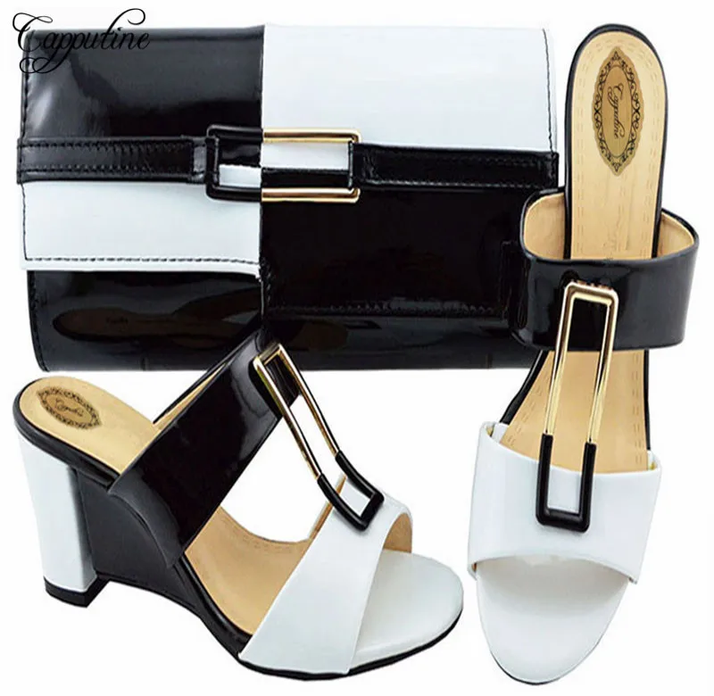 

Capputine 2018 New Arrival PU Leather Pumps Shoes And Purse Set Italian Style Wedges Woman Shoes And Bag For Wedding 7Colors