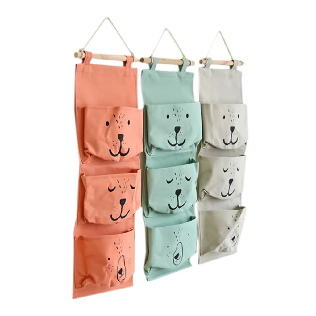 

Wall Hanging Storage Bag 3 Pocket Fabric Linen Wall Mounted Wardrobe Closet Hang Bag Wall Pouch Sundries Toy Organizer