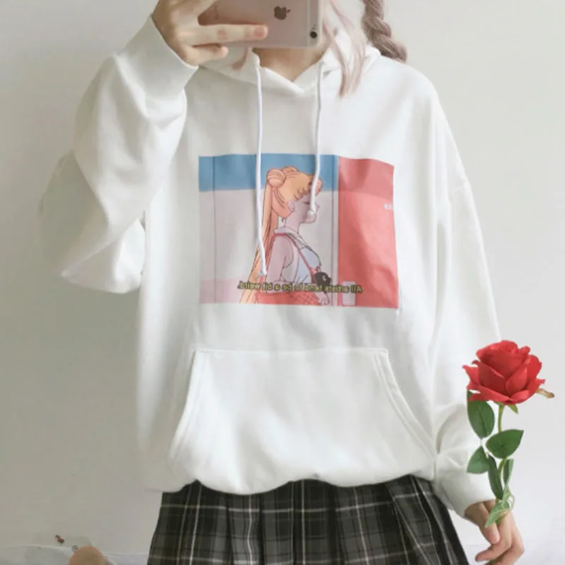Корейский мультфильм красота девушка печати белый розовый толстовки женщин зима