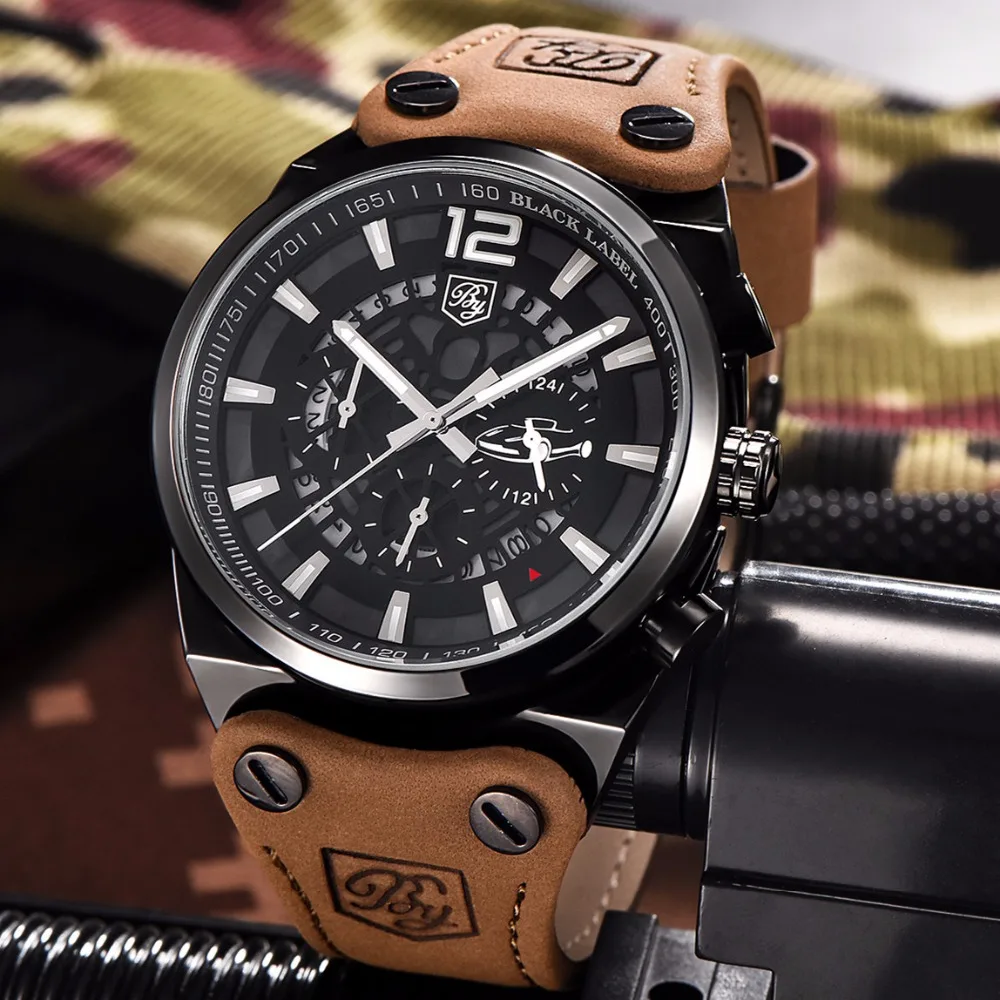 Benyar Men Watches Top Brand Luxury Male Leather Waterproof Sport Quartz Chronograph Military Wrist