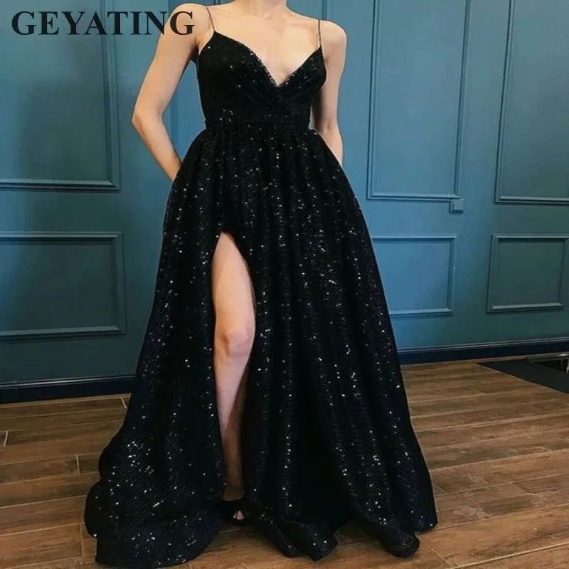 Sparkly Zwarte Lovertjes Lange Prom Dresses 2019 Sexy Spaghettibandjes V-hals Side Split Avond Party Jurken Vrouwen Formele Kleding Sparkly Zwarte Lovertjes Lange Prom Dresses 2019 Sexy Spaghettibandjes V-hals Side Split Avond Party Jurken Vrouwen Formele Kleding