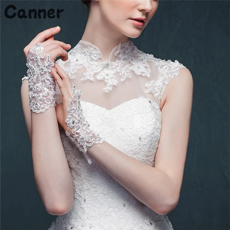 Canner Women Fingerless Bridal Gloves Elegant New Wedding Accessories White Red Lace Rhinestone Dress Gloves 