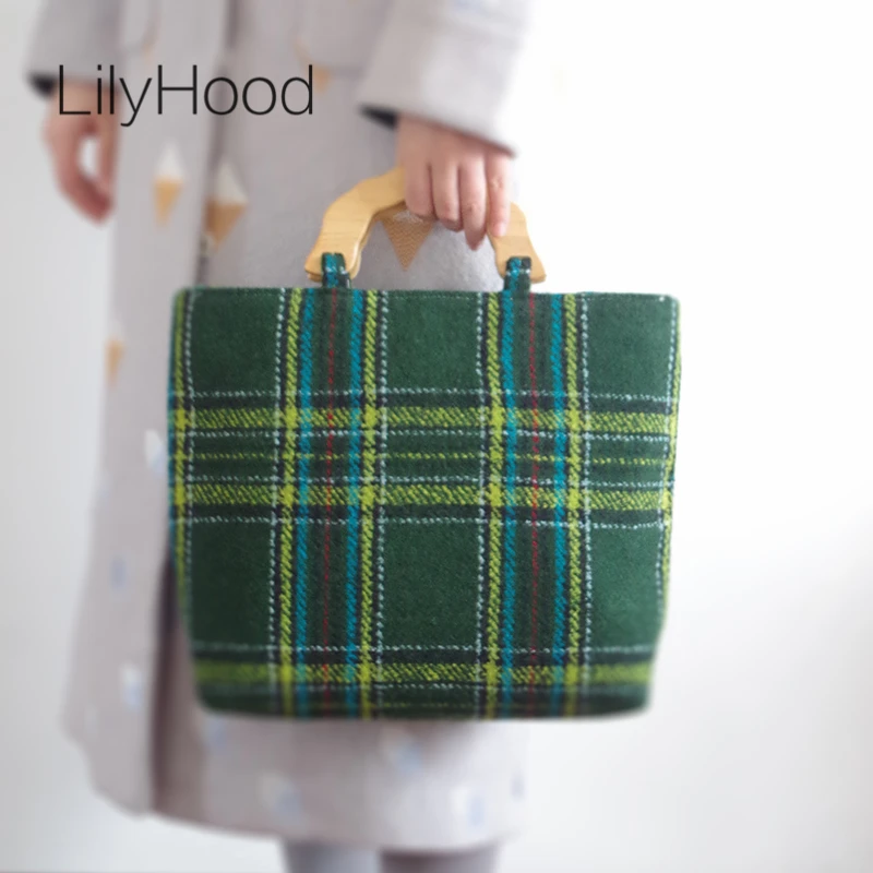 

LilyHood Wool Felt Winter Tote Bag Handmade Soft Preppy Style Vintage Chic Tweed Fabric Green Plaid Book Wood Top Handle Handbag